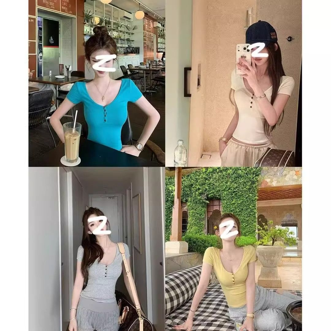 모달 면 순수한 욕망 허리 수축 V넥 단추 반팔 티셔츠 여성 여름 새로운 그레이트 봐. 의류