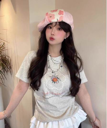 40 순면 리브 95 면 5 암모니아 Lun 반팔 긍정적 인 어깨 티셔츠 여성 여름 포밍 프린트 슬림해 보이는 허리 수축 맨위
