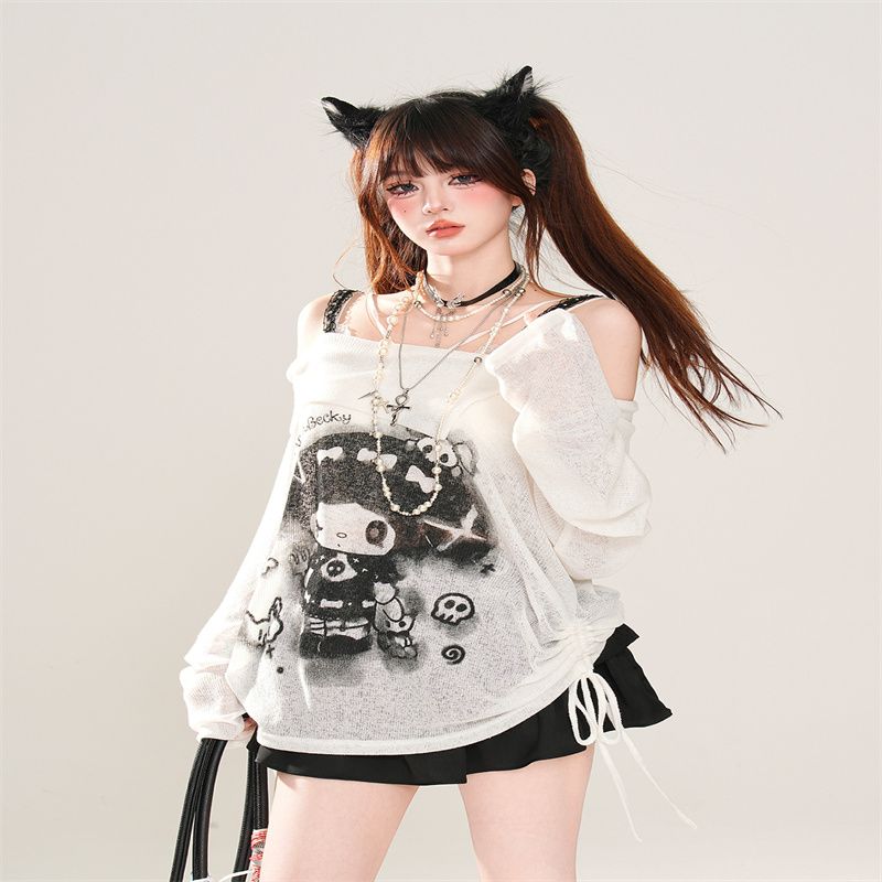 kellykitty 반항적 인 마녀 오프숄더 한 부서 마이크로 ~을 통해 레이스 자외선 차단 블라우스 여성 여름 루즈핏 슬림해 보이는 맨위