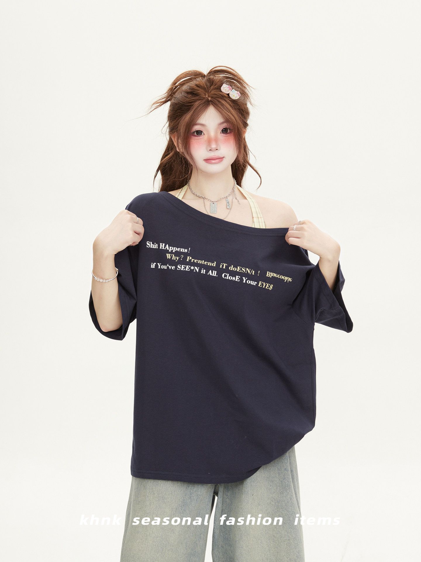 아메리칸 핫걸 오프숄더 알파벳 프린트 슬립 투피스 세트 반팔 티셔츠 여성 여름 학원 스타일 루즈핏 ins 맨위