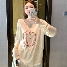 批发原版面料 美式复古罩衫苹果刺绣<b class='q'>长袖</b><b class='q'>t</b><b class='q'>恤</b><b class='q'>女</b>宽松防晒慵懒风上衣