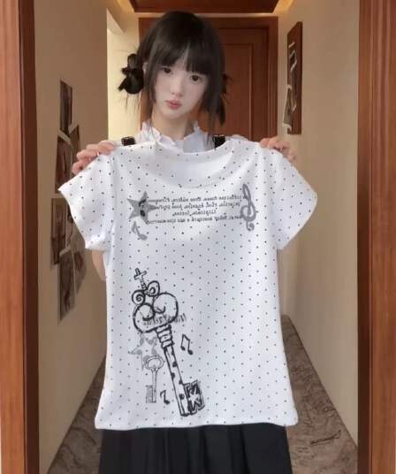 92 면 8 암모니아 Lun 전체 인쇄 도트 무늬 작은 대중 프린트 반팔 티셔츠 여성 여름 새로운 맨위