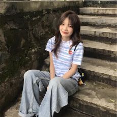 学院风蓝白条纹polo衫短袖t恤女夏季新款修身显瘦设计感百搭上衣