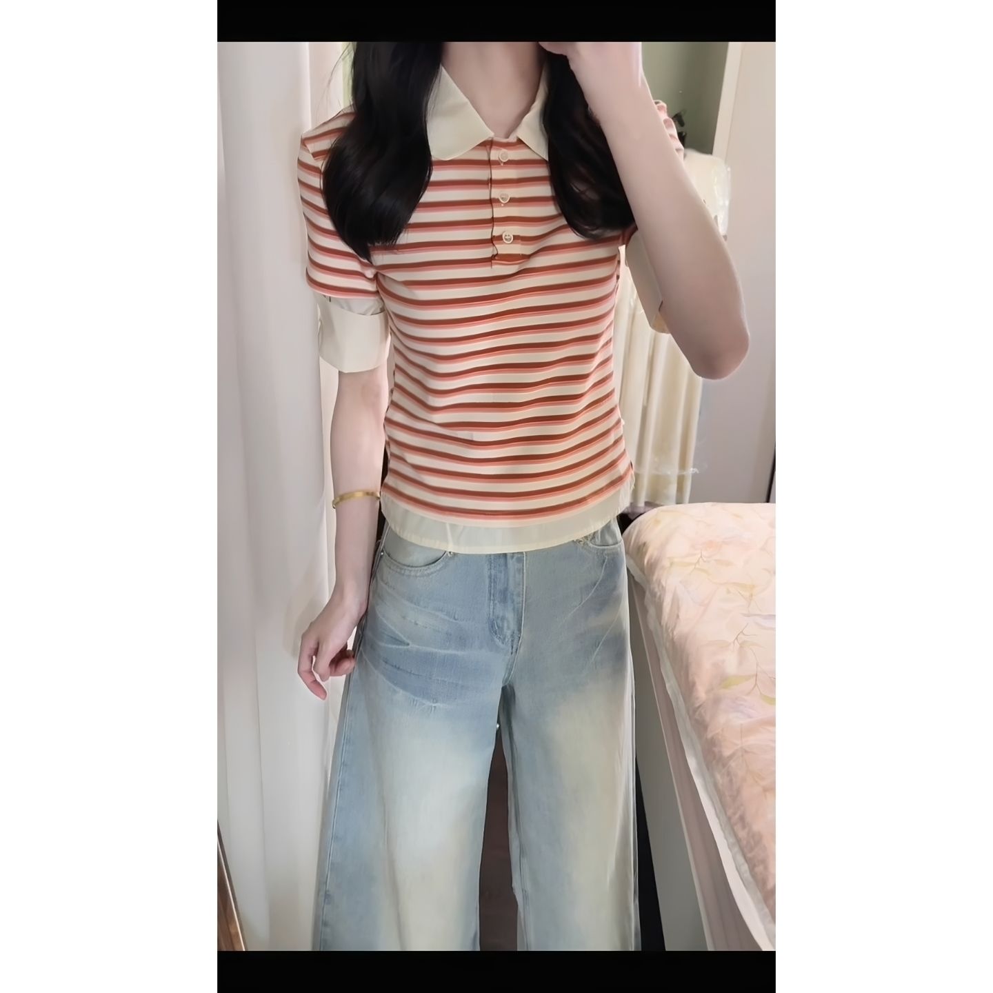 광저우 원단 스트라이프 패치워크 210 그램 95 면 POLO 칼라 스트라이프 패치워크 반팔 쇼트 스타일 맨위