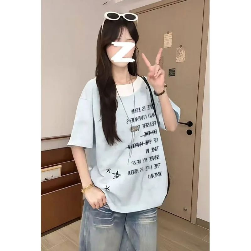 220g 순면 리브 네클라인 이후 테두리 홀치기 염색 공예 프린트 배색 패치워크 반팔 티셔츠