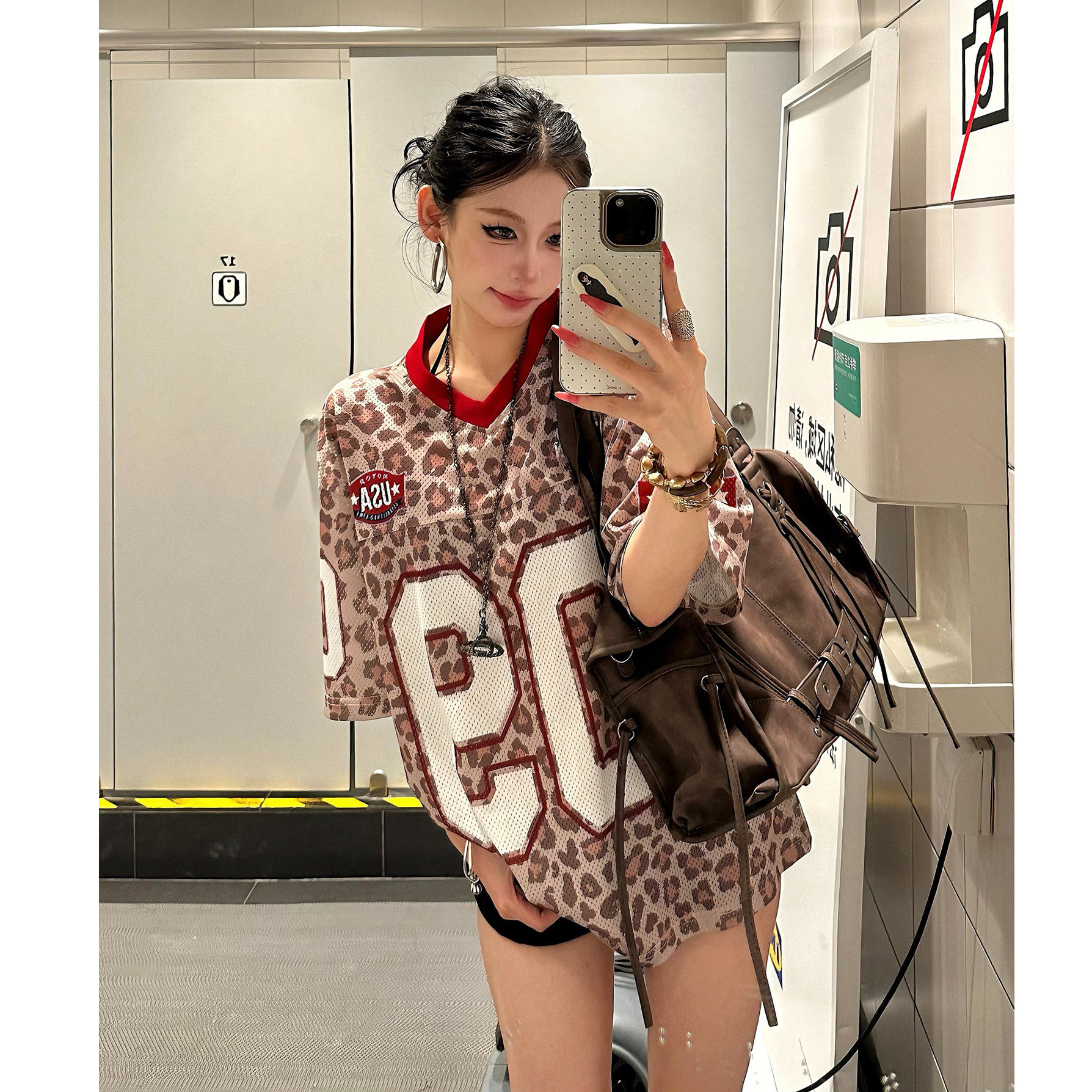 원본 솜씨 원본 원단 운동 구멍 천 아메리칸 레트로 레오파드 무늬 프린트 저지 V넥 반팔 티셔츠 여성 여름