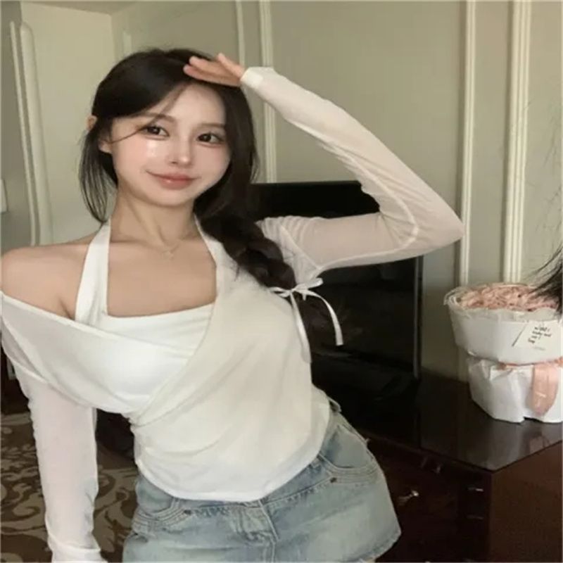 벨트 가슴 패드 순수한 욕망 몸매 가꾸기 행침 목 캐미솔 여름 긴팔 자외선 차단 블라우스 스택 착용 투피스 세트