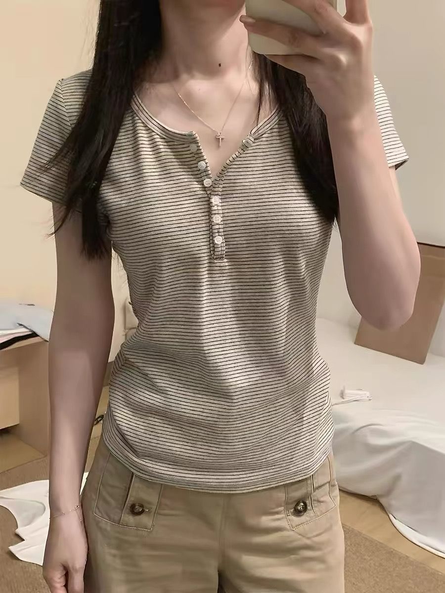 나일론 원단 얇은 스타일 아메리칸 레트로 V넥 알파벳 프린트 루즈핏 맨위 느긋한 센스 풀오버 자외선 차단 의류 여성 여름