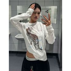 批发【原版做法】美式豹子印花白色长袖T恤<b class='q'>打底衫</b>上衣