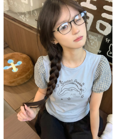 원본 원단 거품 소매 돌고래 프린트 반팔 티셔츠 여성