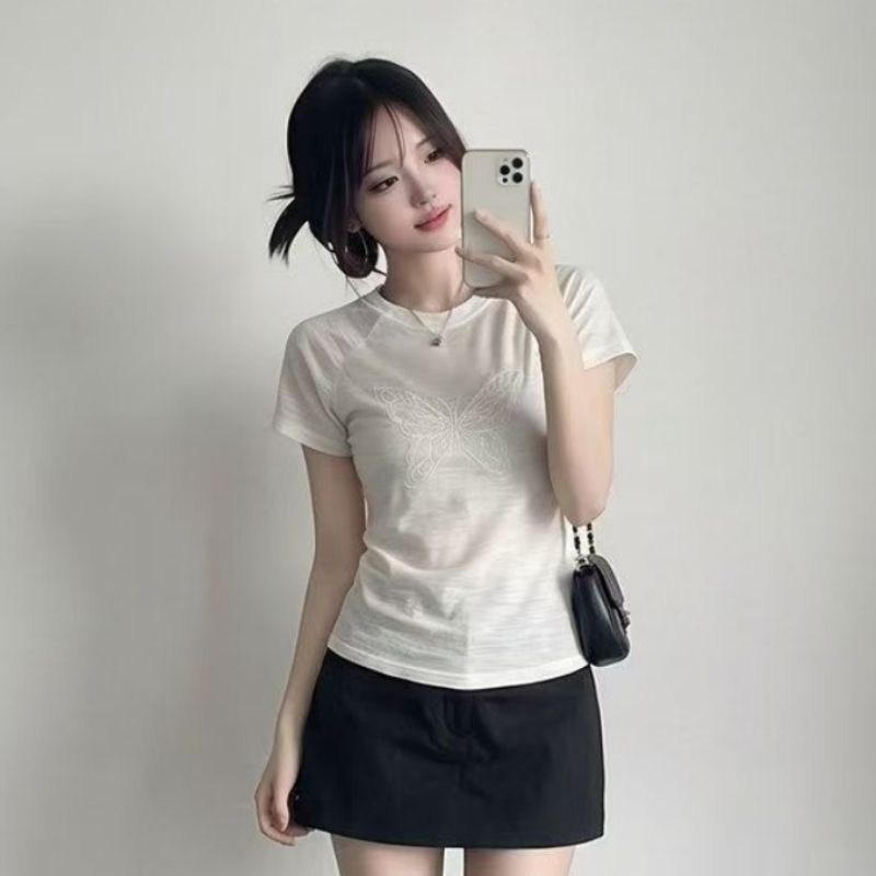 원본 천 나비 정밀 자수 다림질 전체 조각 화이트 나비 자수 삽입 어깨 반팔 티셔츠 여성