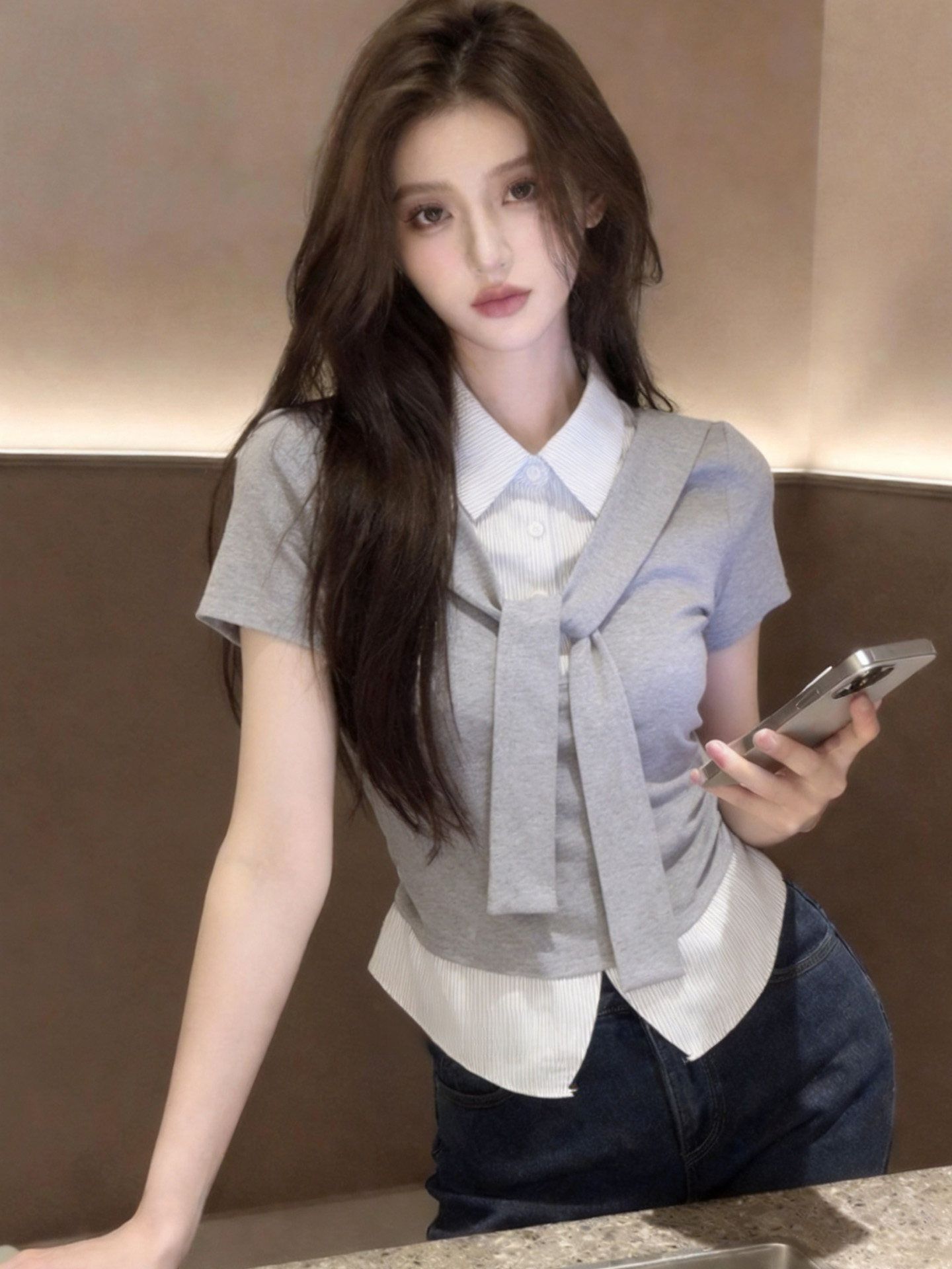 한 부서 배색 폴로 칼라 패치워크 페이크 레이어드 반팔 여성 여름 새로운 슬림해 보이는 소녀 센스 숄 디자인 작은 맨위
