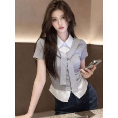 批发韩系撞色翻领拼接假两件短袖女夏季新款显瘦少女感披肩设计小上衣