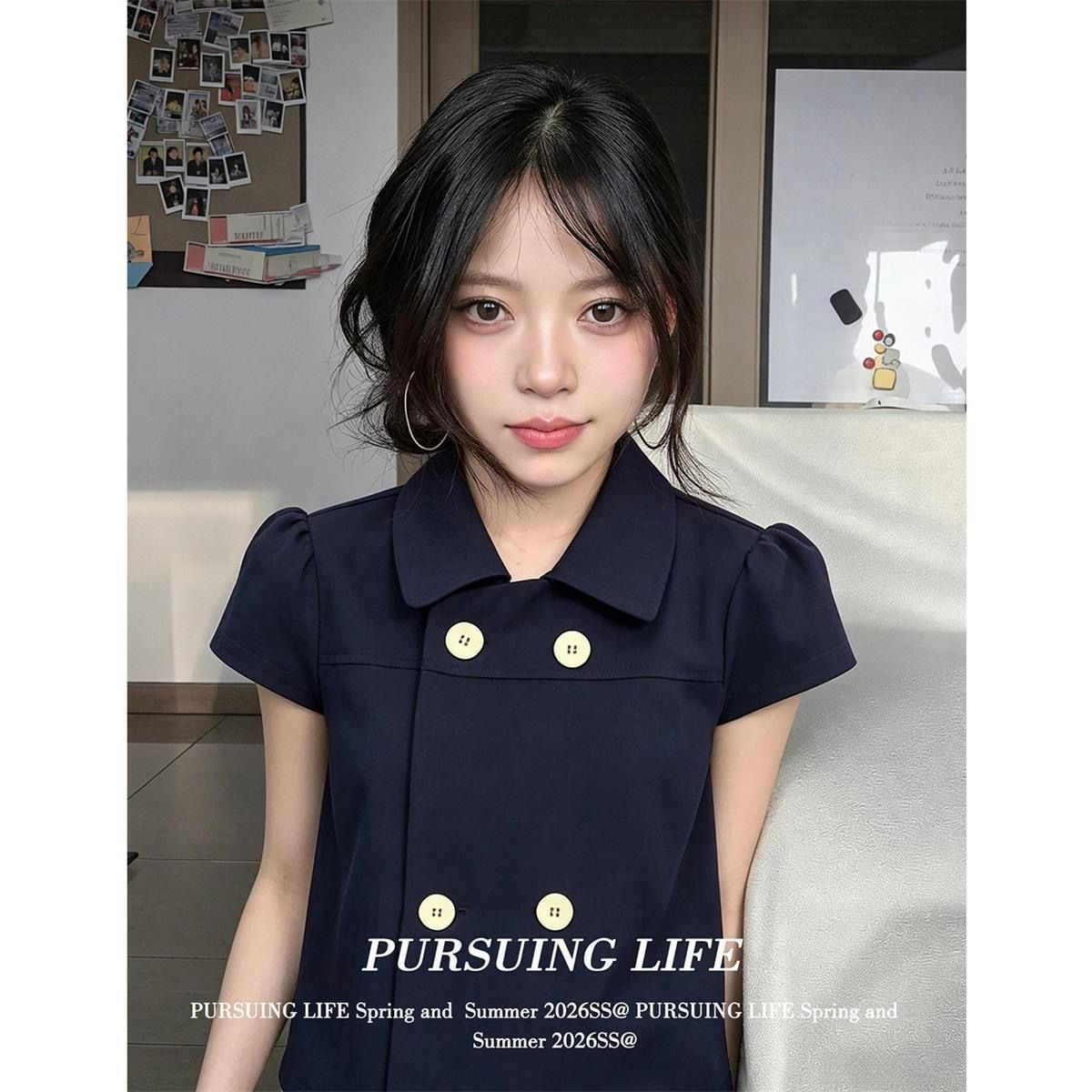 학원 스타일 폴로 칼라 반팔 셔츠 올해 인기 ~ 중 여성 작은 셔츠 외국 가스 연령 감소 여름 드레스 해군 짧은 맨위