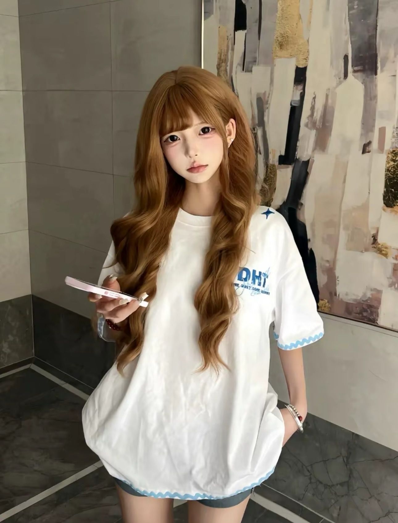 자수 네리 가게 천 순면 220 그램 반팔 티셔츠 여성