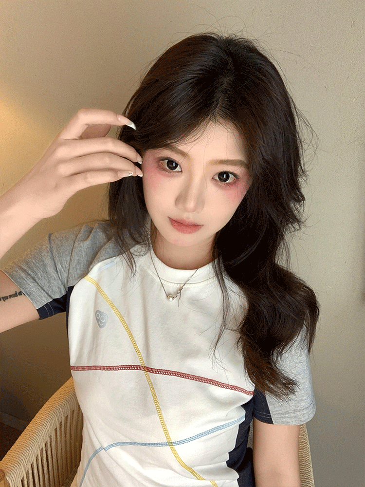 40 220 그램 92 면 8 암모니아 Lun 리브 네클라인 명시적 스티치 공예 배색 몸매 가꾸기 반팔 티셔츠 여성