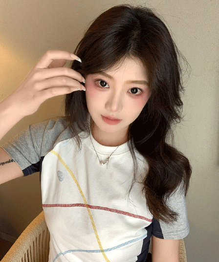 40 220 그램 92 면 8 암모니아 Lun 리브 네클라인 명시적 스티치 공예 배색 몸매 가꾸기 반팔 티셔츠 여성