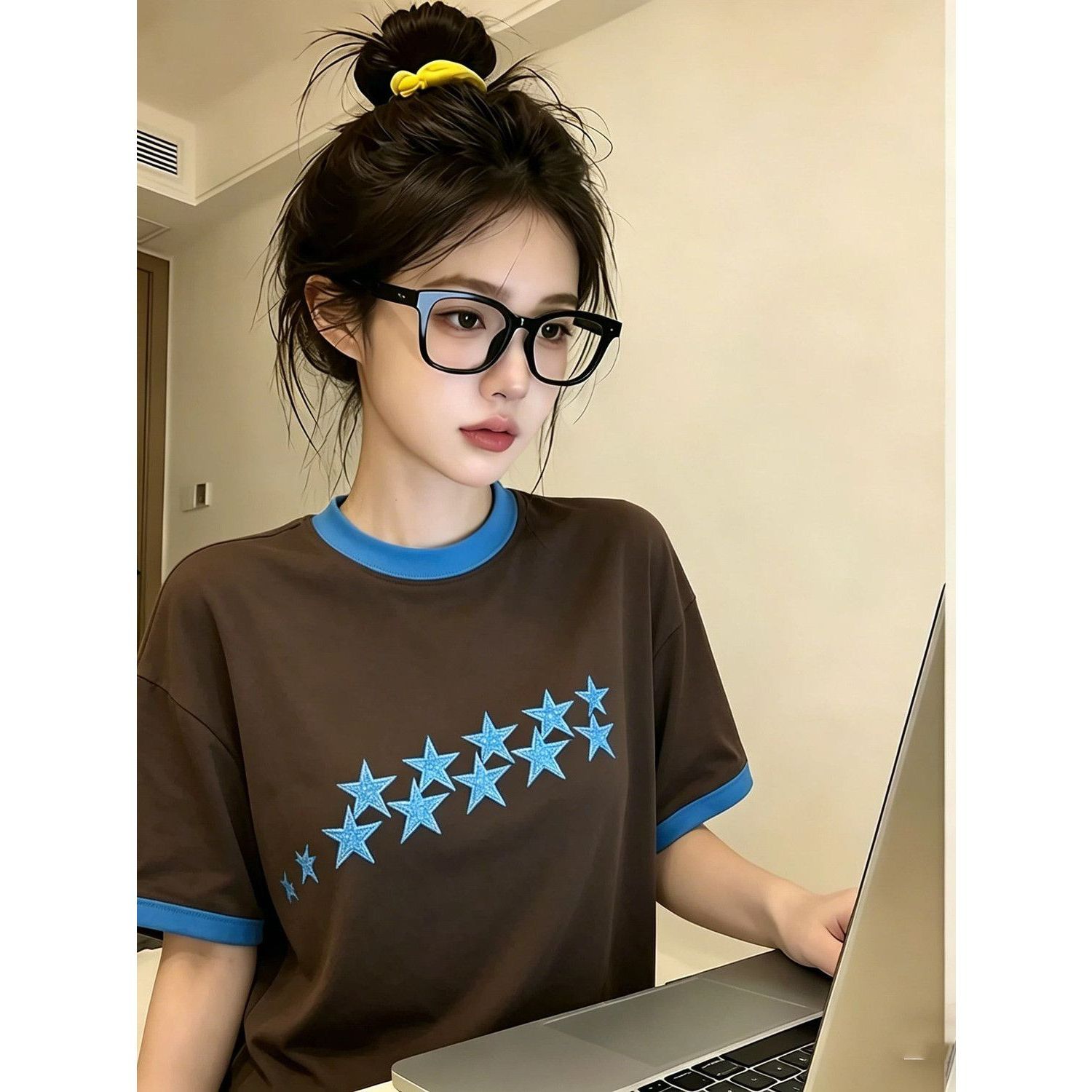 자수 네리 가게 천 순면 220 그램 반팔 티셔츠 여성