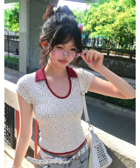 원본 원단 한 부서 꽃무늬 도트 무늬 폴로 칼라 반팔 티셔츠 여름 몸매 가꾸기 맨위