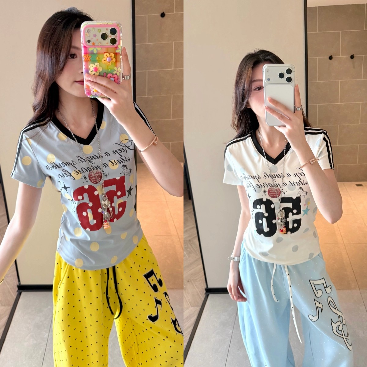 아메리칸 레트로 여름 대 도트 무늬 저지 바람 V넥 긍정적 인 어깨 몸매 가꾸기 다용도 프린트 반팔 티셔츠