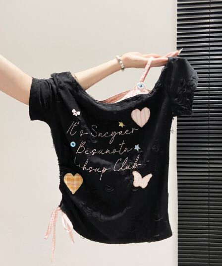 지 발표 180 그램 페이크 레이어드 반팔 여성 여름 순수한 욕망 바람 오프숄더 슬림해 보이는 핫걸 다용도 맨위
