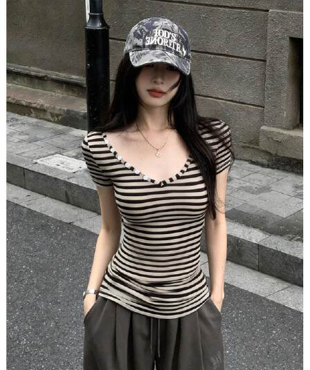 원본 종류 광저우 원단 아메리칸 레트로 스트라이프 V넥 반팔 티셔츠 여성
