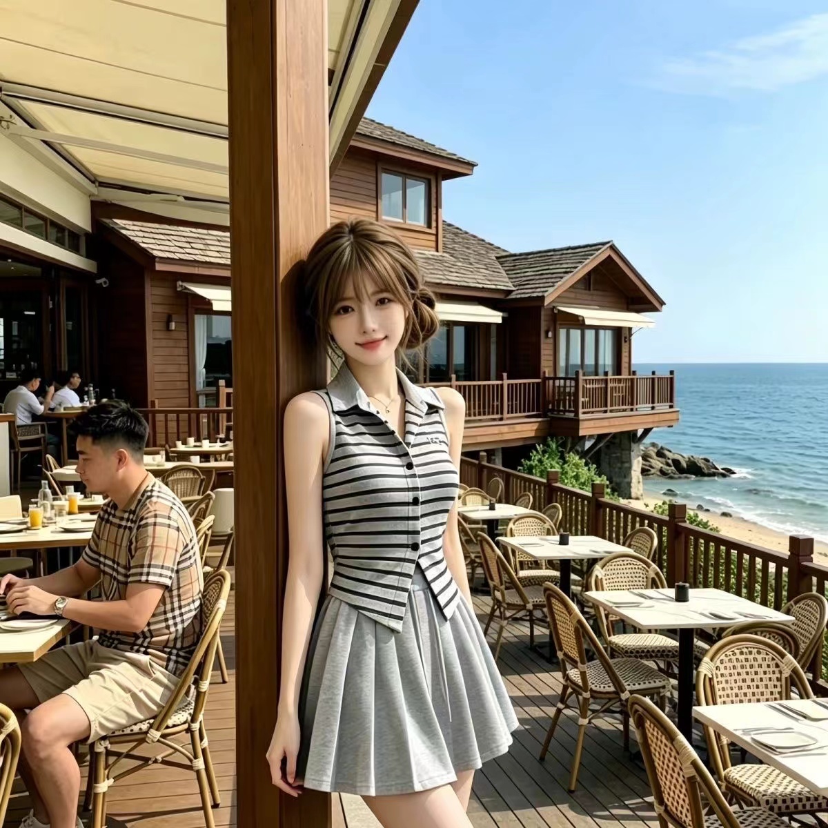 학원 스타일 POLO 칼라 스트라이프 행침 목 캐미솔 외출용 여름 태국 사람 스타일 아름다운 벨트 가슴 패드 작은 맨위