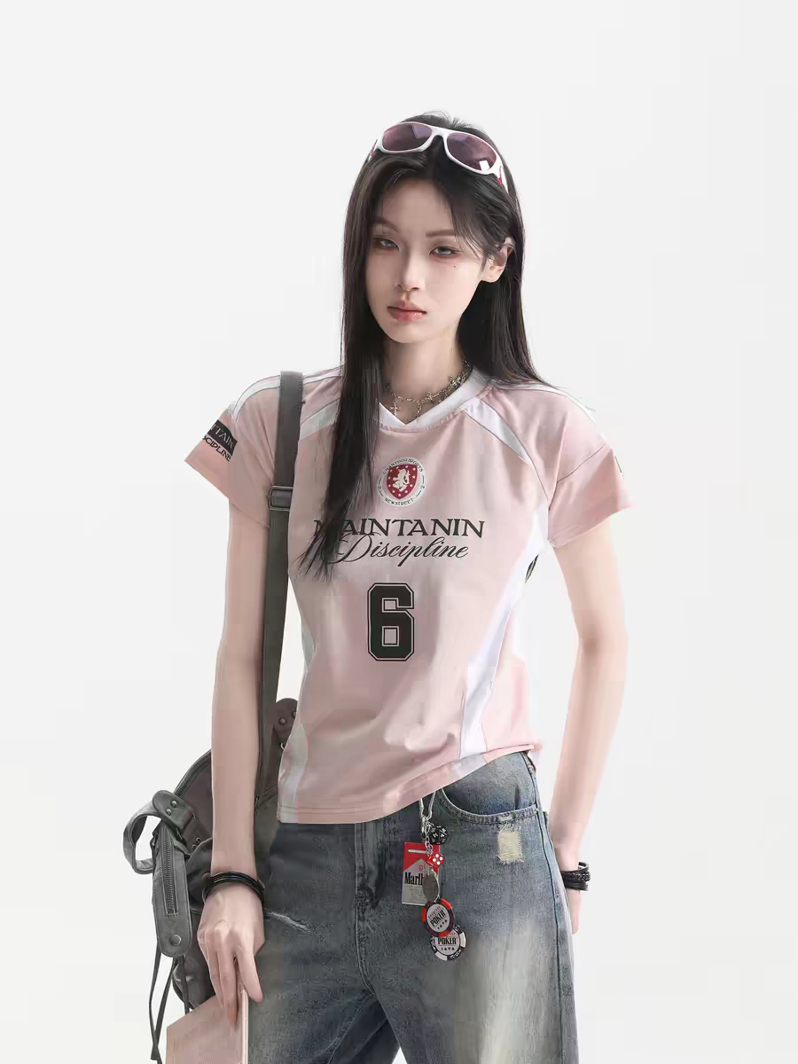 아메리칸 핫걸 배색 패치워크 해체 프린트 긍정적 인 어깨 반팔 여름 운동 바람 짧은 티셔츠