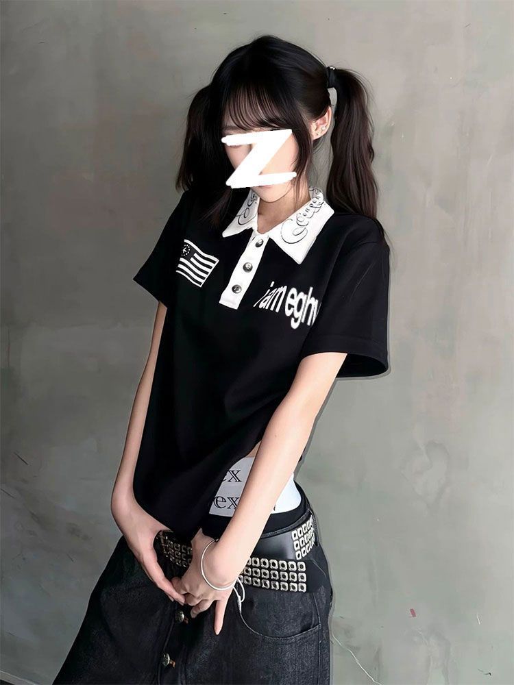 40 220 그램 92 면 8 암모니아 Lun 리브 네클라인 프린트 POLO 칼라 몸매 가꾸기 반팔 t 셔츠 여성