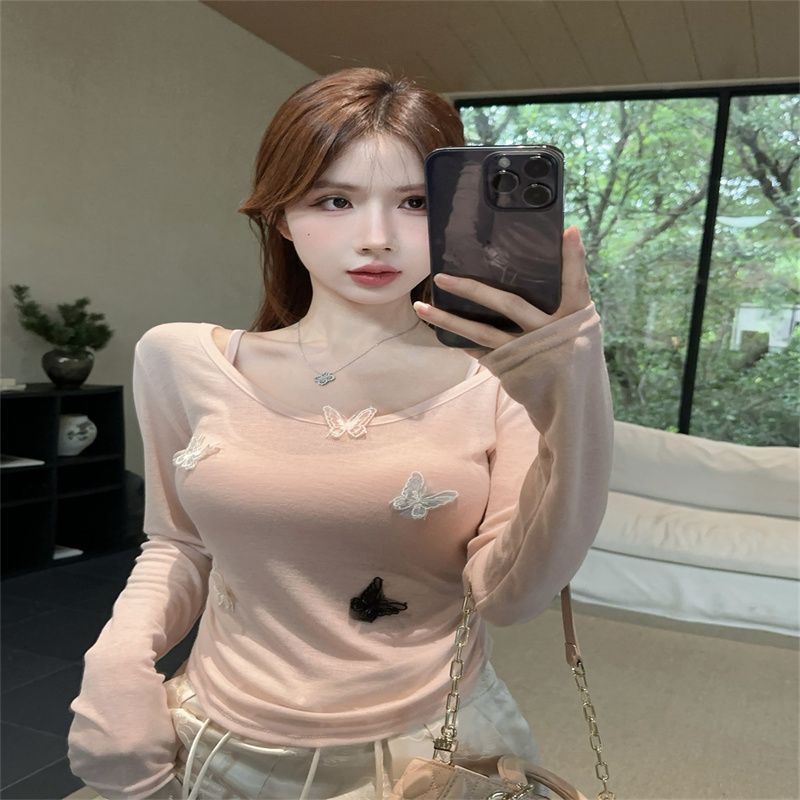 핫걸 순수한 욕망 바람 나비 매듭 핑크색 페이크 레이어드 맨위 여성 봄 새로운 외부 가져 가라. 긴팔 니트 스웨터 조기 봄
