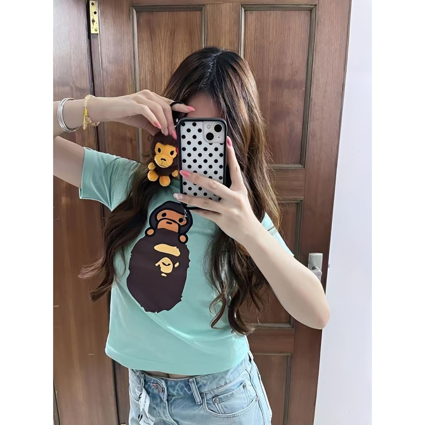 광저우 원단 원본 원단 원숭이 프린트 여름 새로운 젤리 녹색 반팔 티셔츠 맨위 ins 트렌디