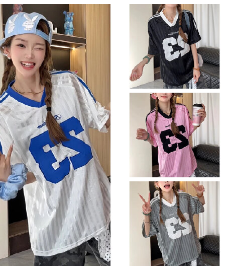원본 솜씨 원본 원단 조수 브랜드 스트라이프 V넥 저지 반팔 티셔츠 아메리칸 조수 브랜드 웃음 하 바람 맨위 여성 여름