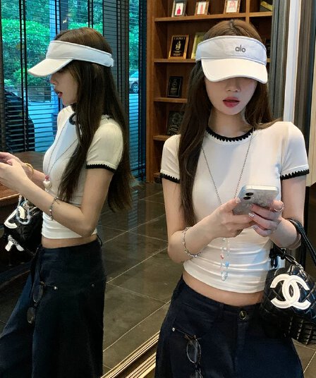 40 92 면 핫걸 Chic 배색 몸매 가꾸기 쇼트 스타일 맨위 여름 긍정적 인 어깨 반팔 티셔츠 디자인 센스 작은 대중