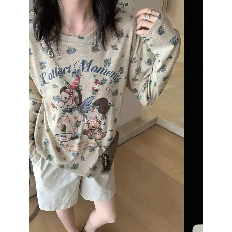 원본 주간 실크 천 인쇄 작은 말 고무 인쇄 꽃무늬 몽환 작은 말 프린트 긴팔 자외선 차단 티셔츠 여성