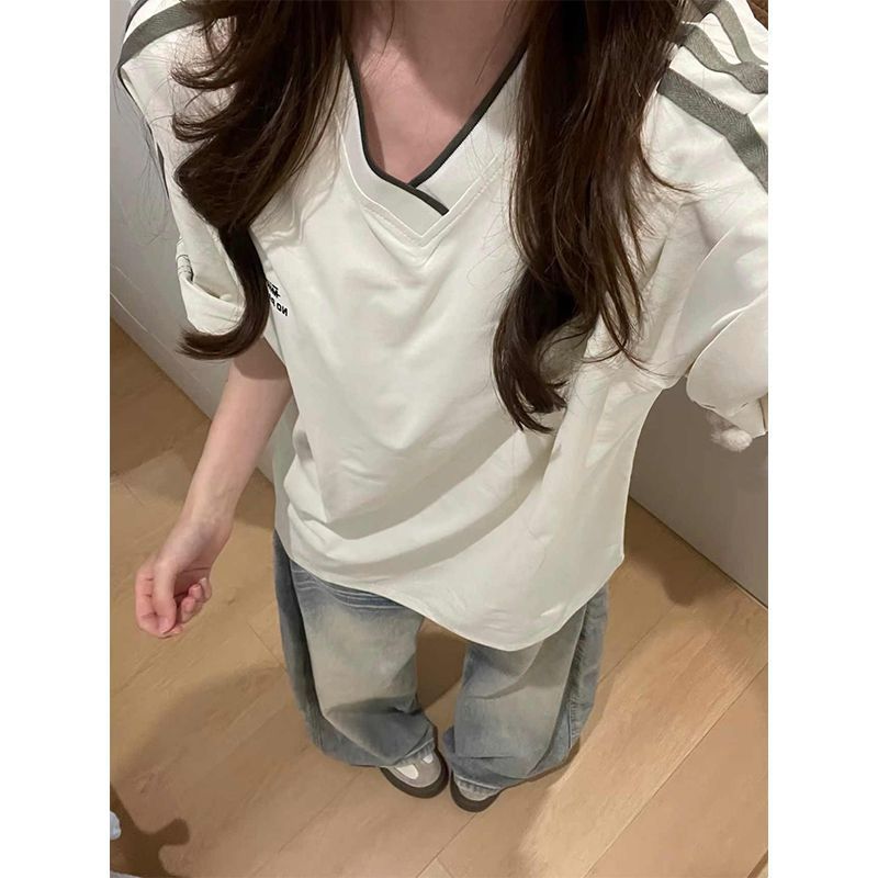 220g 순면 리브 네클라인 이후 테두리 프린트 알파벳 반팔 티셔츠 여성