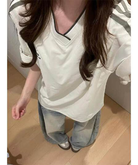 220g 순면 리브 네클라인 이후 테두리 프린트 알파벳 반팔 티셔츠 여성
