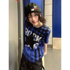 批发莫代尔棉 蓝色正肩t恤女夏季星星印花视觉系短袖修身上衣