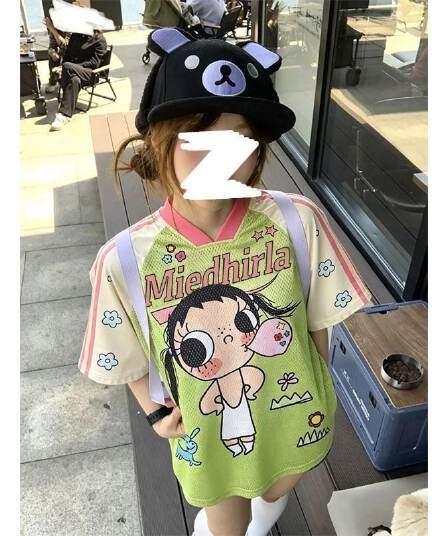 원본 원단 원본 솜씨 리브 네클라인 이후 테두리 프린트 V넥 반팔 여성