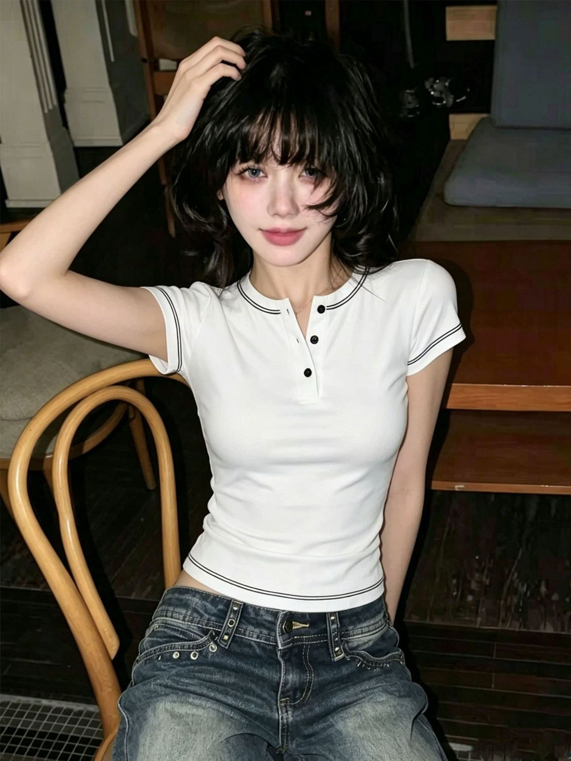 210 그램 40 순면 배색 헨리 칼라 반팔 티셔츠 여성 몸매 가꾸기 슬림해 보이는 맨위