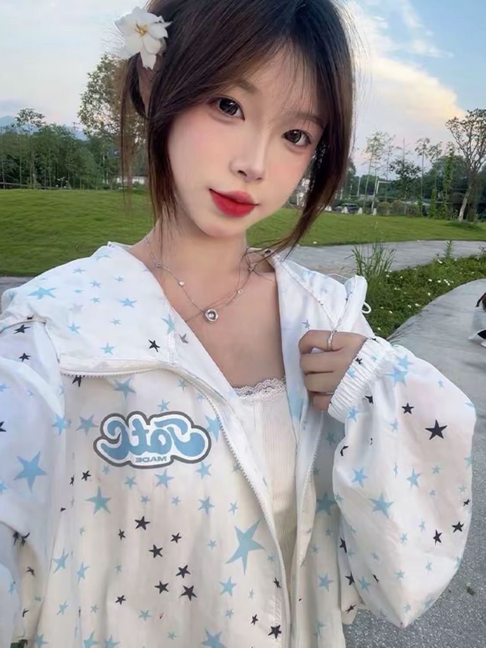 좋은 품질 원본 솜씨 원본 원단 전체 인쇄 도트 무늬 지퍼 자외선 차단 외투 루즈핏 여성