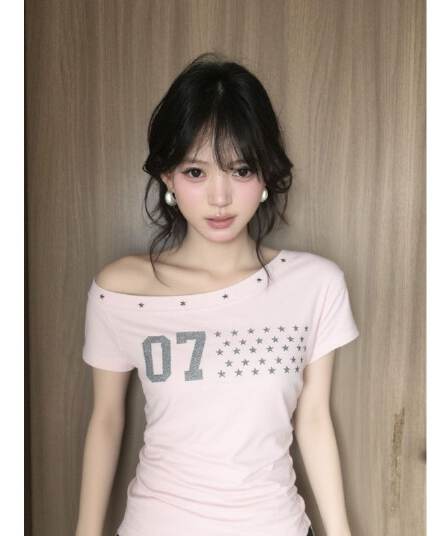 40 순면 92 면 8 암모니아 Lun 핫걸 한 단어 비스듬한 어깨 징 반팔 티셔츠 여성