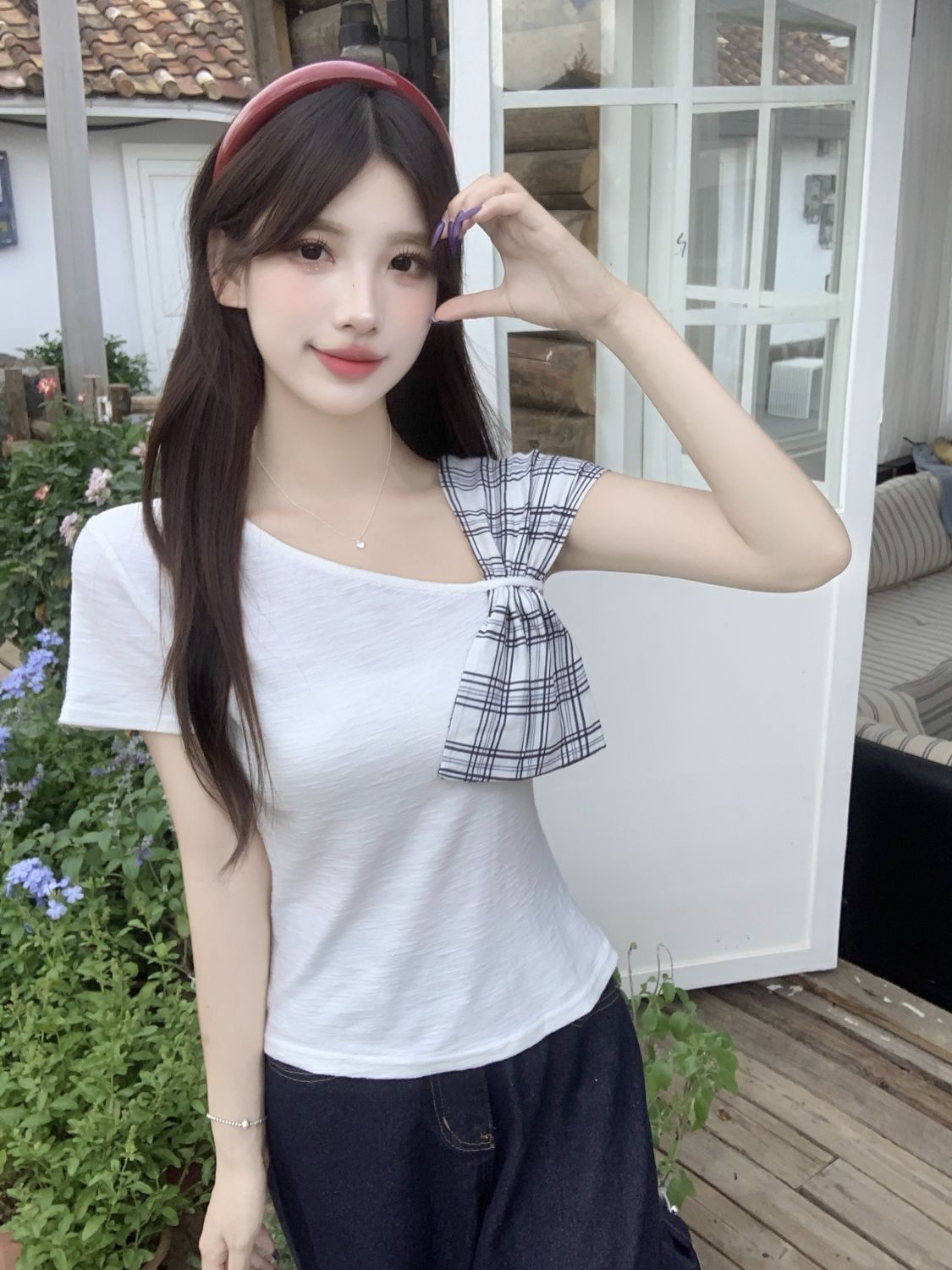 원본 주름 주름 면 원단 나비 매듭 비스듬한 어깨 반팔 맨위 여성 짧은 몸매 가꾸기 맨위