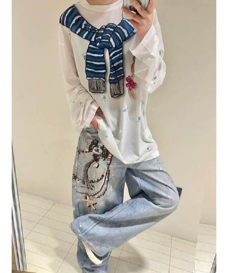 원본 것 캐주얼 재미있는 수채화 동점 매듭 작은 꽃무늬 긴팔 블라우스 여성 티셔츠