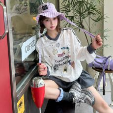批发【原版质量】休闲球衣女可爱卡通<b class='q'>长袖</b>拼接<b class='q'>T</b><b class='q'>恤</b>上衣