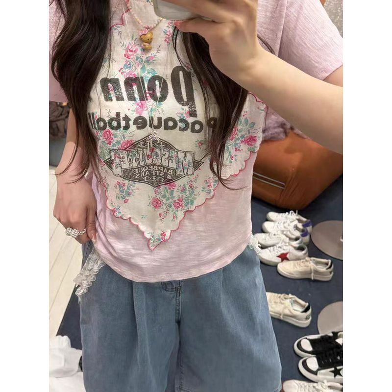 광저우 원단 눈꽃 면 원본 원단 이후 테두리 패치 자수 반팔 티셔츠 여성
