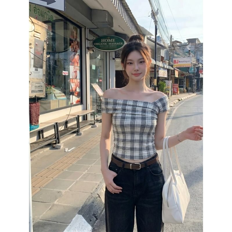 원본 것 체크무늬 오프숄더 반팔 티셔츠 여름 쇼트 스타일 몸매 가꾸기 슬림해 보이는 검정색 핫걸 맨위