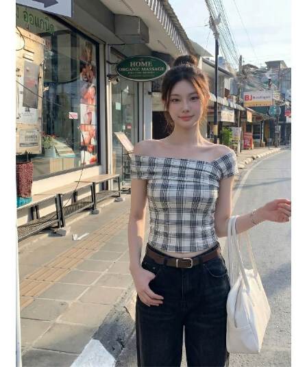 원본 것 체크무늬 오프숄더 반팔 티셔츠 여름 쇼트 스타일 몸매 가꾸기 슬림해 보이는 검정색 핫걸 맨위