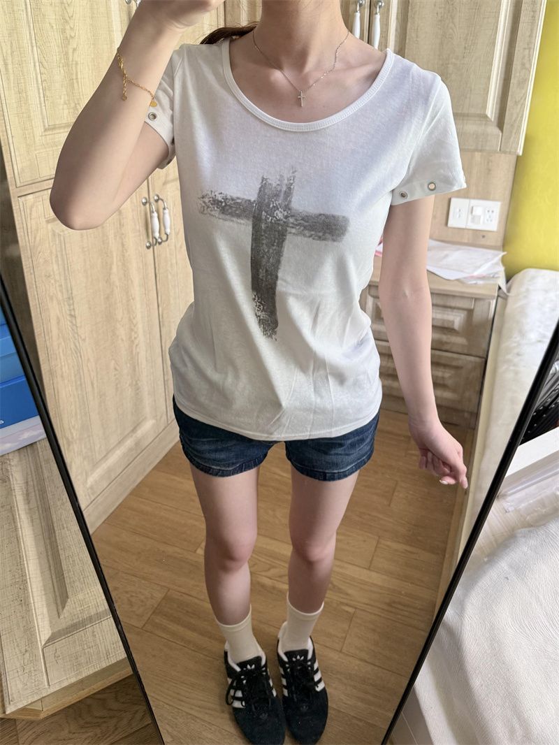 원본 솜씨 광저우 원단 눈꽃 얼음 차가운 면 반팔 티셔츠 여성