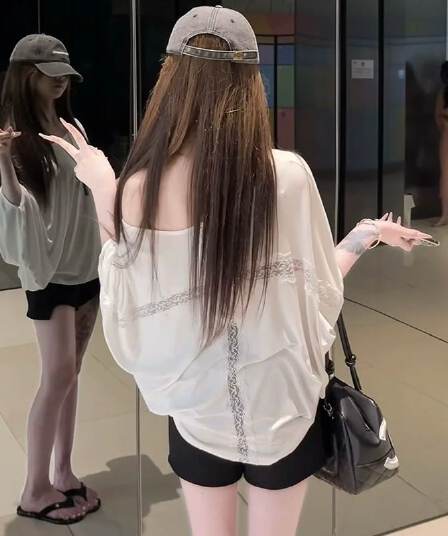 모달 사람들 면 200그램 원본 대 핏 스타일 홀로우 아웃 레이스 여름 자외선 차단 블라우스 루즈핏 배트윙 소매