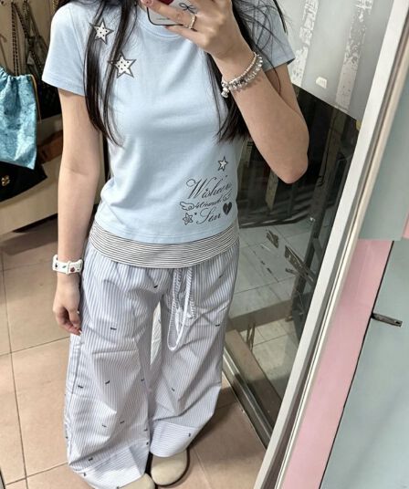 220 그램 92 면 8 암모니아 Lun 자수 페이크 레이어드 슬림 피트 티셔츠